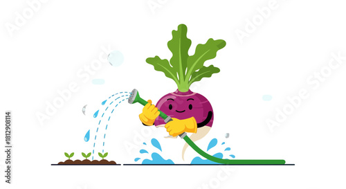 A Cheerful Radish Sprinkles Seedlings, Bringing Life And Growth To The Garden With Joy