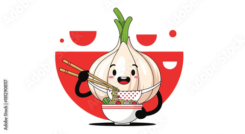 A Cheerful Garlic Bulb Enjoying Delicious Ramen Noodles in a Playful Artistic Design