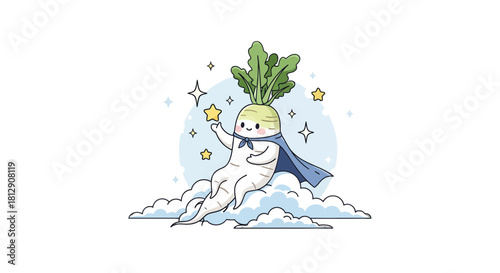 A Cheerful Radish Superhero Soaring Through a Starry, Dreamy Night Sky Illustration