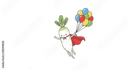 A Cheerful Radish Superhero with a Bunch of Colorful Balloons Soaring Skyward