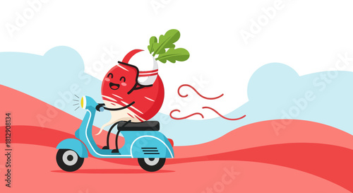 A Cheerful Radish Takes a Joyful Ride on a Playful Scooter Through a Vivid Landscape