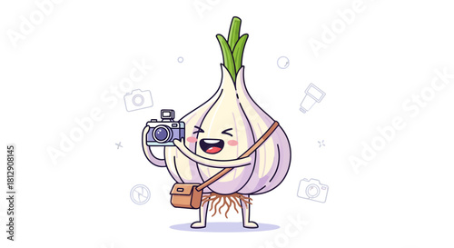 A Cheerful Garlic Bulb Enthusiastically Taking A Photograph with Camera Equipment Accessory