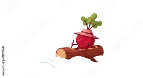 A Cheerful Radish Takes a Gentle Journey on a Log Raft across a Black Canvas