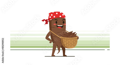 A Cheerful Root Character Carrying a Basket of Harvested Produce on Black Background
