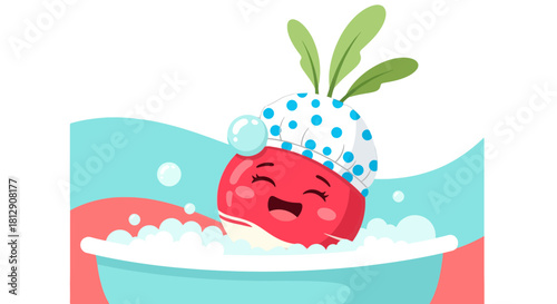 A Cheerful Radish Takes A Relaxing Bath With Bubbles And A Shower Cap