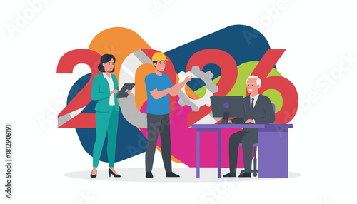 Diverse business team collaborating on industry goals and future strategy for the year 2026