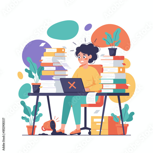 Business woman stressed by huge workload paperwork and technical errors suffering burnout in the office