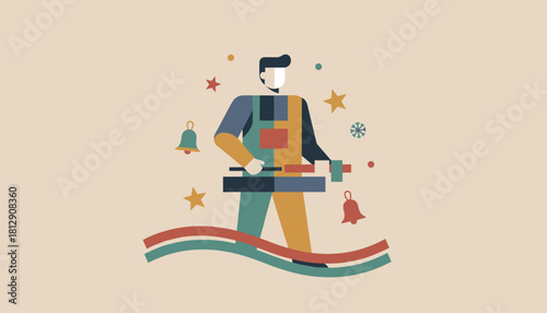 Modern vector illustration of a craftsman with holiday decor Seasonal manufacturing and labor concept
