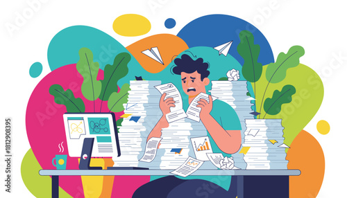 Overwhelmed employee buried in stacks of paperwork at his desk