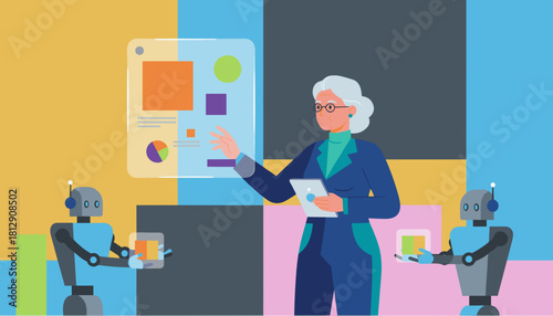 Senior scientist presenting data with collaborative robots AI technology and business future