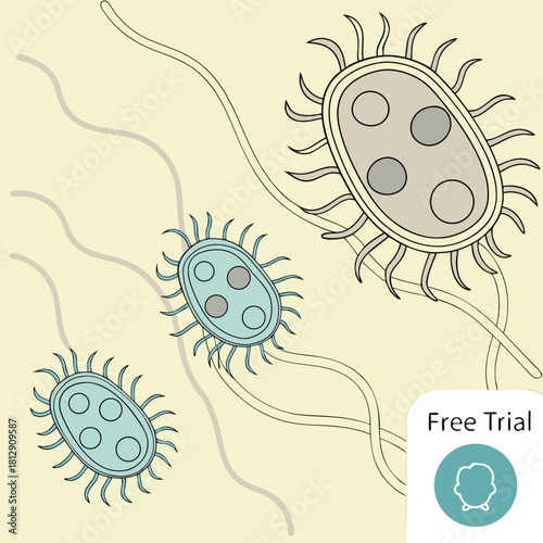 Cartoon bacteria with flagella on a light yellow background
