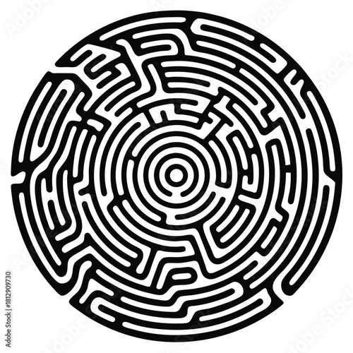 Circular maze with black lines on a white background