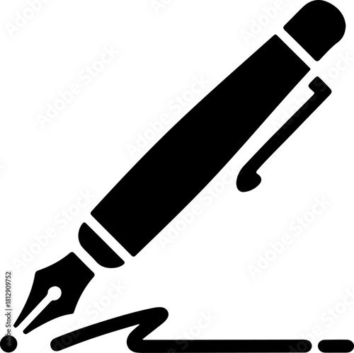 Black silhouette of a fountain pen writing a signature on a light background