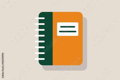 Simple flat illustration of an orange spiral bound notebook with a green spine