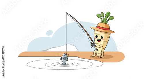 A Cheerful Root Vegetable Fishes a Tasty Meal at a Coastal Waterside Setting