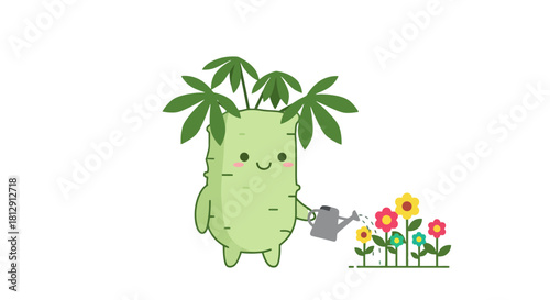 A Cheerful Root Vegetable Nurturing a Garden of Colorful Blossoms Delightfully Illustrated