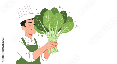 A Chef Smelling Fresh Greens, Kitchen Illustration, Culinary Arts, Black Background.