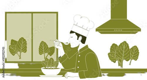 A Chef Tasting Food in Kitchen, Preparing a Dish with Fresh Vegetables Illustration
