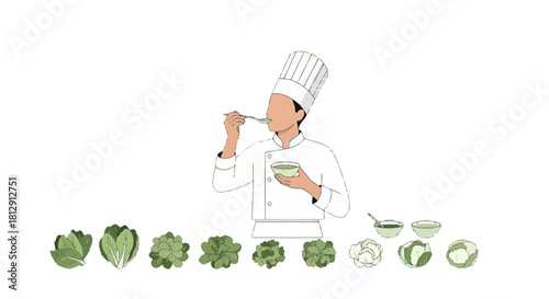 A Chef Tasting a Culinary Creation with Fresh Vegetables Against a Dark Backdrop