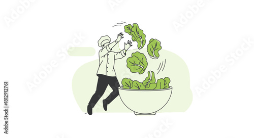 A Chef's Animated Creation Of Fresh, Healthy, And Delicious Salad In The Kitchen