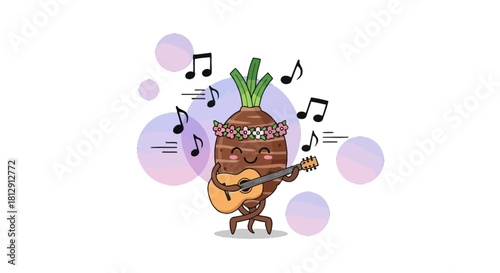 A Cheerful Root Vegetable Playing Guitar Amidst Musical Notes, Delightful Imagery