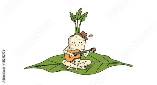 A Cheerful Root Vegetable Playing Guitar while Relaxing On a Leaf in A Dark Background