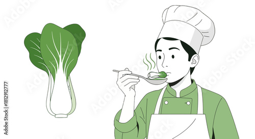 A Chef Tasting Freshly Cooked Bok Choy Dish Illustrating Culinary Expertise Skill