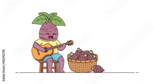 A Cheerful Root Vegetable Playing Guitar Next to a Basket of Similar Vegetables