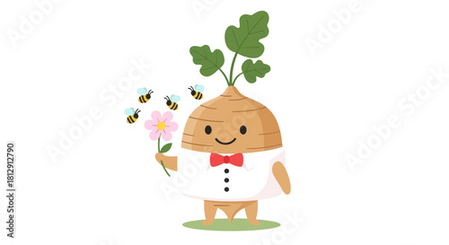 A Cheerful Root Vegetable Presenting a Floral Gift With Playful Bumblebees