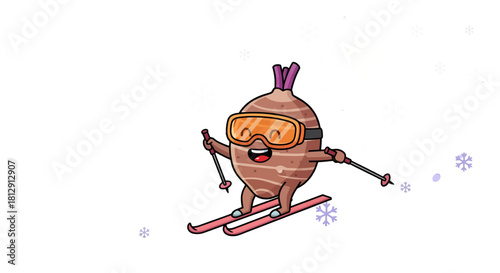 A Cheerful Root Vegetable Skis Down a Snowfall Scene in a Winter Wonderland