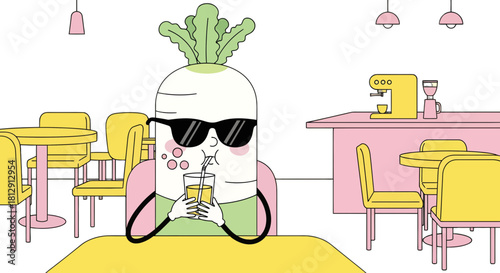 A Cool Radish Character In Sunglasses Enjoying A Drink In A Cafe