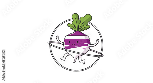 A Cheerful Rutabaga Mascot Engaged in Playful Exercise Routine on Black Background