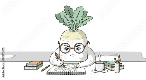 A Creative Radish Character Sketching In A Workspace with Coffee