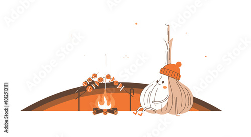 A Cozy Garlic Character Relaxes By a Campfire Under the Moonlight Sky