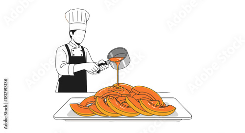 A Culinary Presentation Of Chef Plating Sliced Pumpkin With Delicious Caramel Sauce