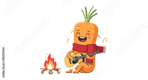 A Cheerful Singing Carrot Playing Guitar Beside a Cozy Campfire at Nighttime