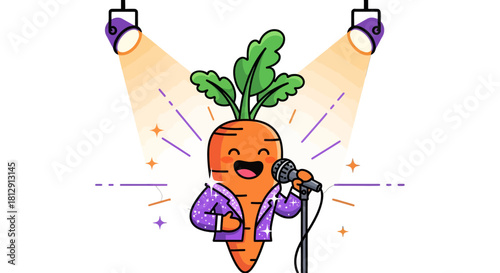 A Cheerful Singing Carrot Performing Under Stage Lights With a Microphone