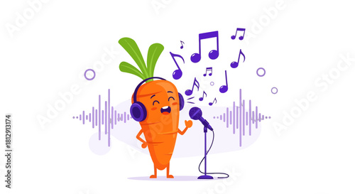 A Cheerful Singing Carrot Wearing Headphones in a Harmonious Melodic Setting