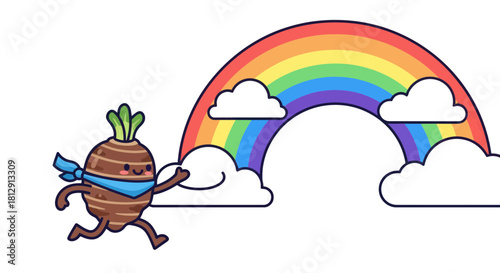 A Cheerful Taro Root Running Towards The Bright Rainbow With Clouds and a Black Backdrop