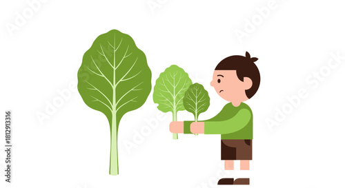 A Curious Child Examining Leafy Vegetables In Colorful Graphical Illustration