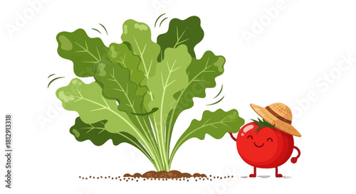 A Cheerful Tomato Appreciates Lush Greenery in a Black Background Illustration