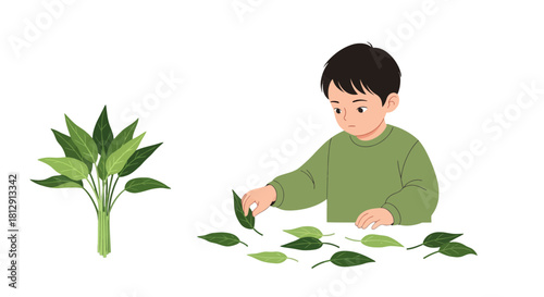 A Curious Child Exploring Green Leaves, Discovering Natural Wonders, Joyful Learning