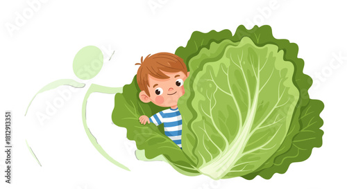 A Curious Child Hiding Within A Large, Fresh, Vibrant Leafy Green Cabbage