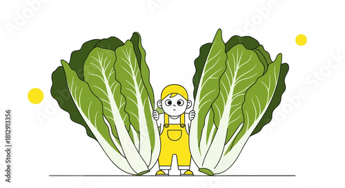 A Curious Child Staring From Behind Enormous Napa Cabbage With Yellow Accent Details