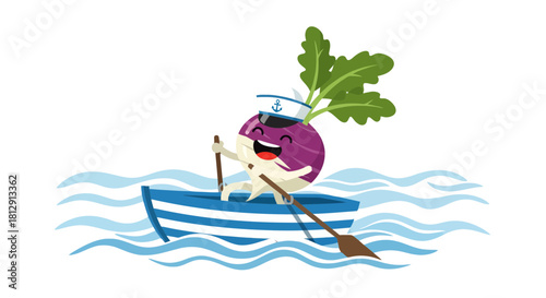 A Cheerful Turnip Sailor Rowing a Boat on an Aquatic Adventure with Joyful Expression