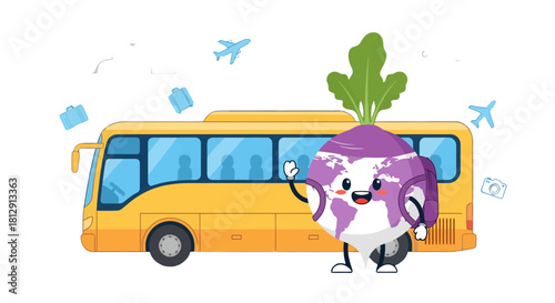 A Cheerful Turnip Tourist Ready To Travel Around The World In A Yellow Bus
