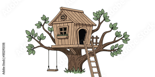 Warm and playful illustration of a wooden treehouse perched among sturdy branches, featuring clean outlines, soft colors, and a friendly composition