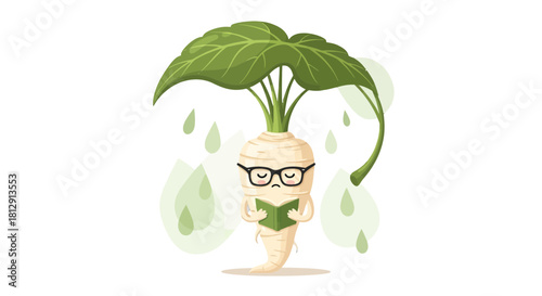 A Curious Radish Reading a Book Under a Leafy Umbrella in a Whimsical Illustration