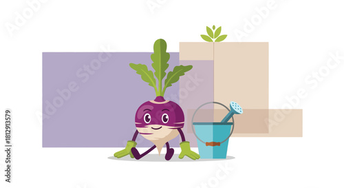 A Cheerful Vegetable Character Enjoys Time In The Garden Next To Watering Can And Bucket