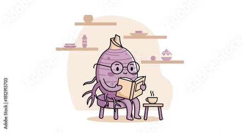 A Curious Taro Root Enjoys Reading Book And Sipping Tea In Relaxed Environment